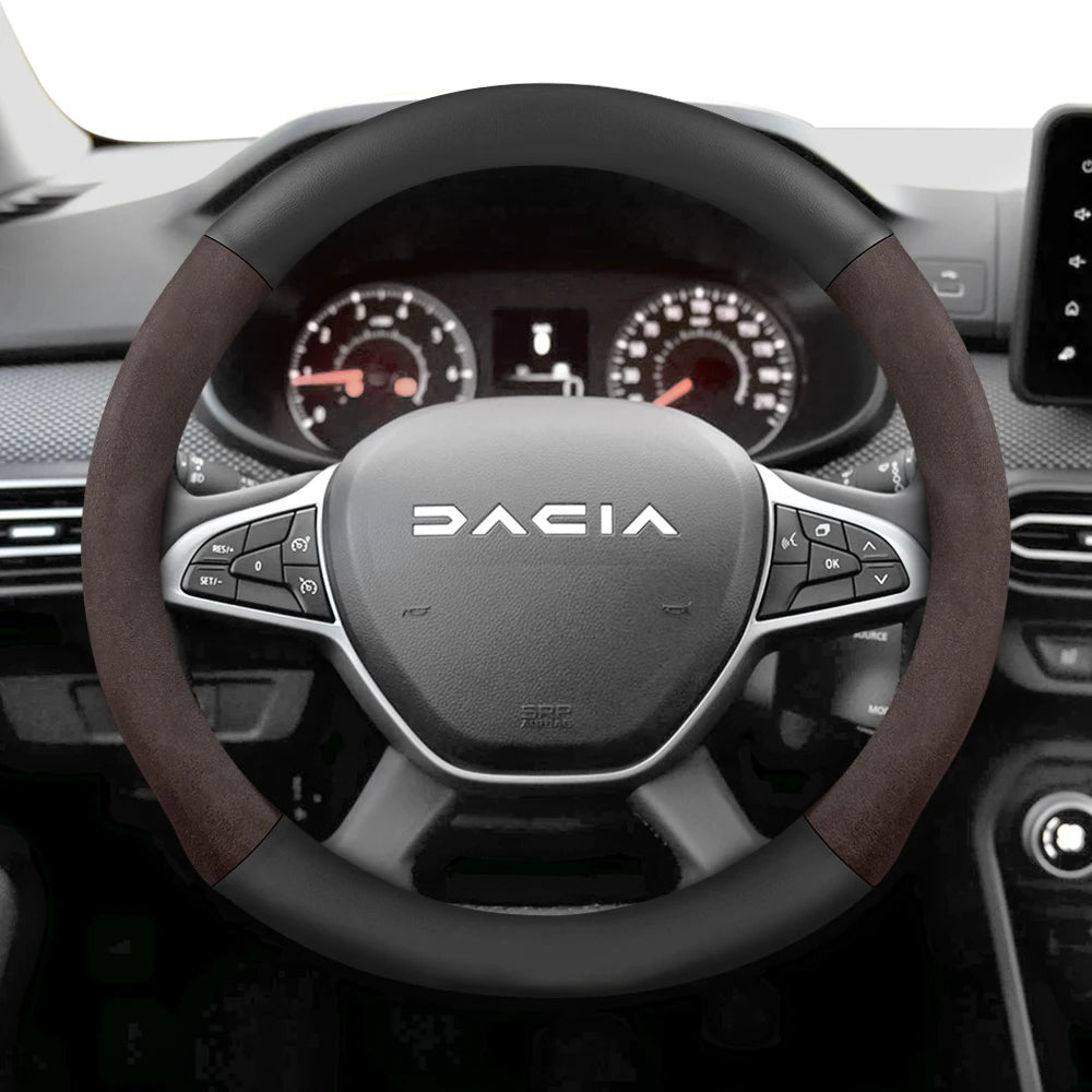Suitable for Dacia Suede Matte Carbon Fiber Texture Steering Wheel Cover, Suitable for Models Such as Sandero Stepway, Duster, Jogger, Bigster, Spring, Electric, Cargo, Logan, Etc., Black Mocha Car Accessories