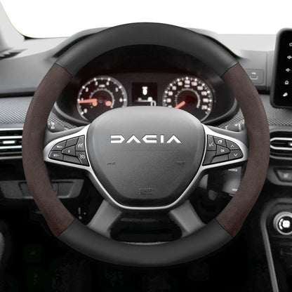 Suitable for Dacia Suede Matte Carbon Fiber Texture Steering Wheel Cover, Suitable for Models Such as Sandero Stepway, Duster, Jogger, Bigster, Spring, Electric, Cargo, Logan, Etc., Black Mocha Car Accessories