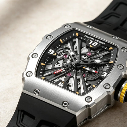 PAGANI DESIGN Men's Quartz Watch Tonneau Hollow Dial Luminous 50M Waterproof Sports Silicone Strap Luxury Watch Reloj Hombre