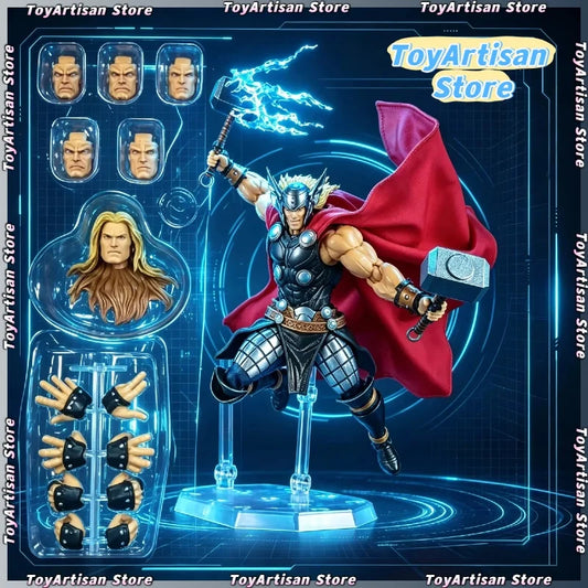 AC Thor Thunder God Marvel Anime Action Figure Marvel Amazing Yamaguchi Style Model Toy With Mjolnir Lightning Effects Red Cape