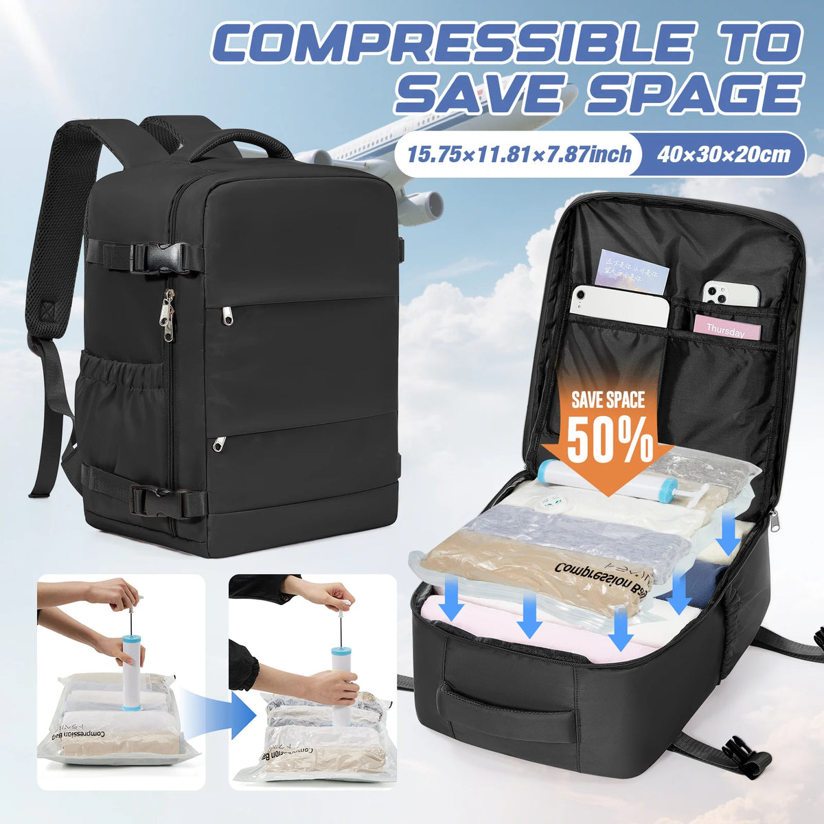 Clothing Storage Bag Personal item storage Backpack Ryanair Backpack 40x30x20 Cabin Bag, Vacuum Storage Bag With Manual Pump
