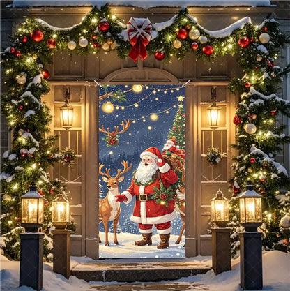 Christmas Theme Santa And Elk Backdrops Snowman Hanging Door Banner Indoor Outdoor Veranda Xmas Curtain Cover Festive Supplies