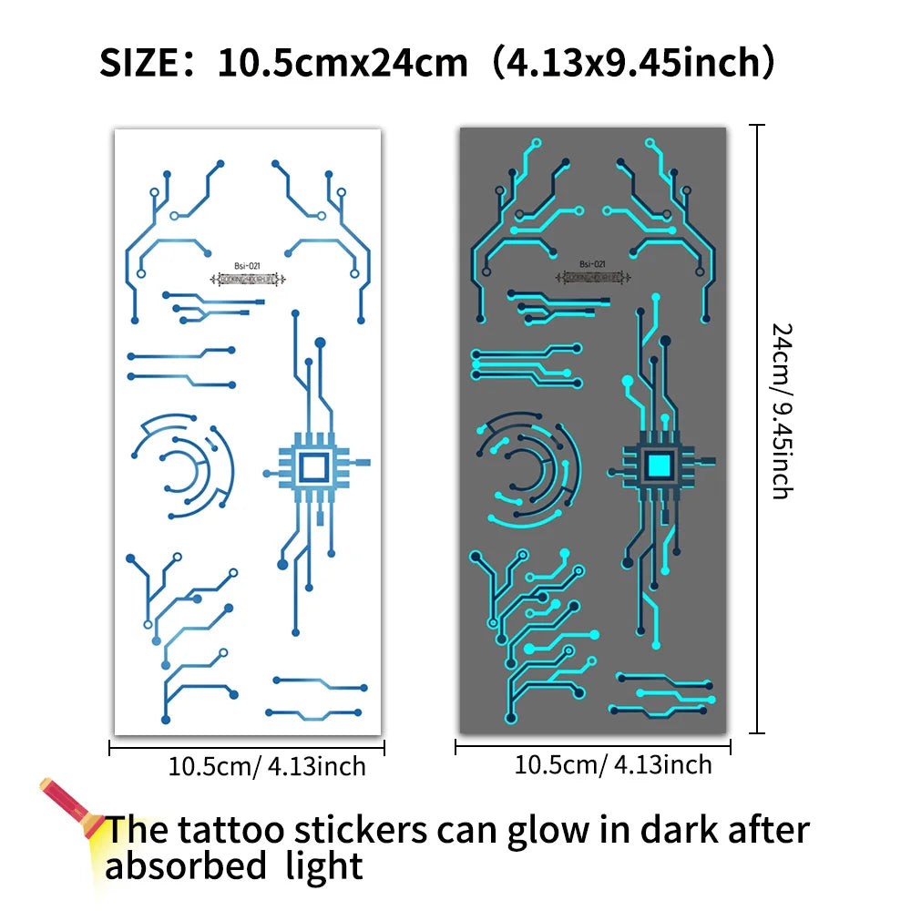 2 Sheets Large Glow In Dark Cyberpunk Mechanical Temporary Tattoos Sci-Fi Robot Line Waterproof Stickers for Cosplay Party