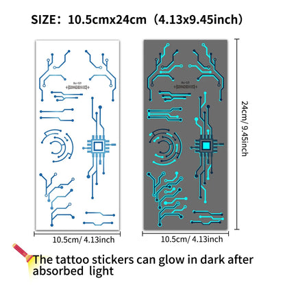 2 Sheets Large Glow In Dark Cyberpunk Mechanical Temporary Tattoos Sci-Fi Robot Line Waterproof Stickers for Cosplay Party