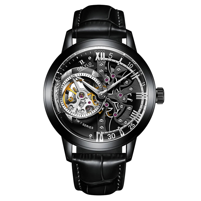 OBLVLO Luxury Retro 45mm Dial Skeleton Automatic Watches For Men Calfskin Strap Mineral Crystal Waterproof Mechanical Watch VM
