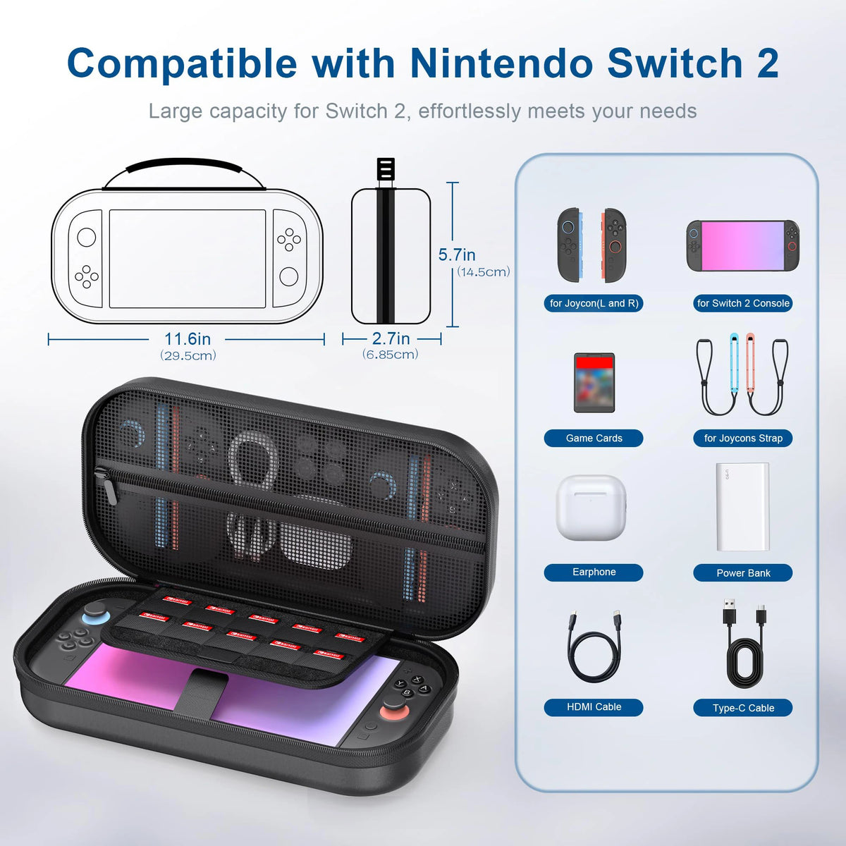 Switch 2 Large Capacity Carrying Case for Switch 2 (2025), Portable PU Hard Travel Case with Pockets for Accessories&Game Cards