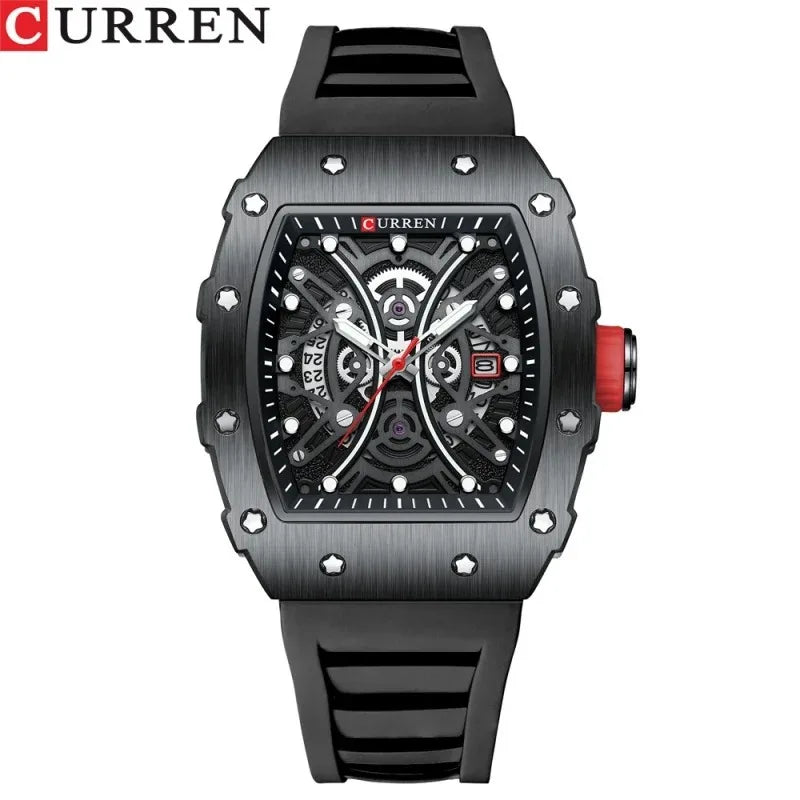 Curren 8438 Luxury Silicone Strap Men's Quartz Wristwatches Waterproof Square Sports Watch with Calendar Function