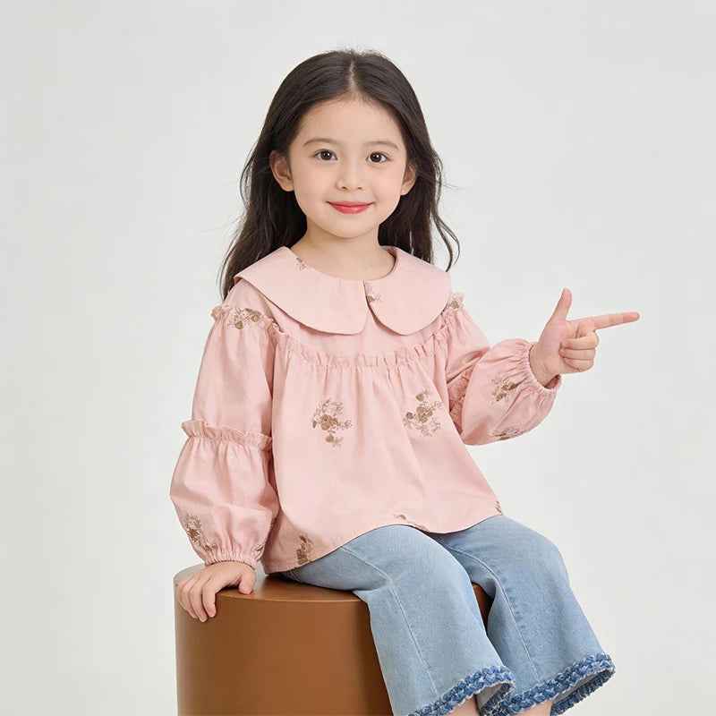 Girls' Shirt 2026 New Children Spring and Autumn Baby Shirt Top Little Girl Western Style Flower Embroidered Shirt