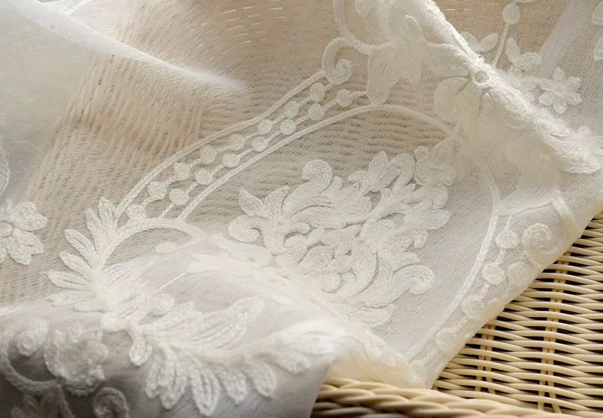 White European Sheer Voile Curtains Drapes Floral Embroidered Design Rod Pocket Top for Living Dining