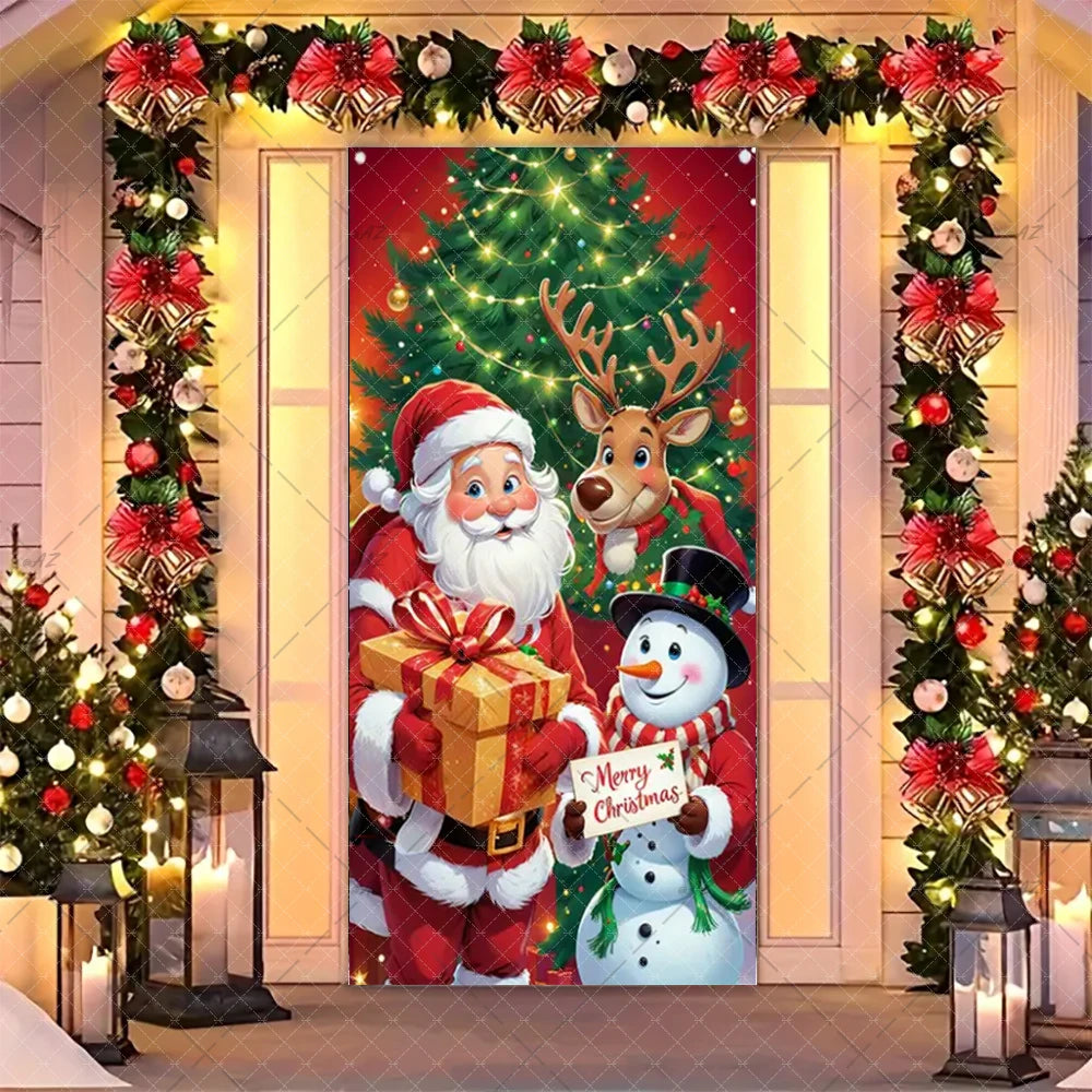 Christmas Humorous Santa Claus And Elk Door Banner Party Decorations Indoor Outdoor Veranda Door Cover Supplies Festive Gifts