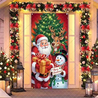 Christmas Humorous Santa Claus And Elk Door Banner Party Decorations Indoor Outdoor Veranda Door Cover Supplies Festive Gifts