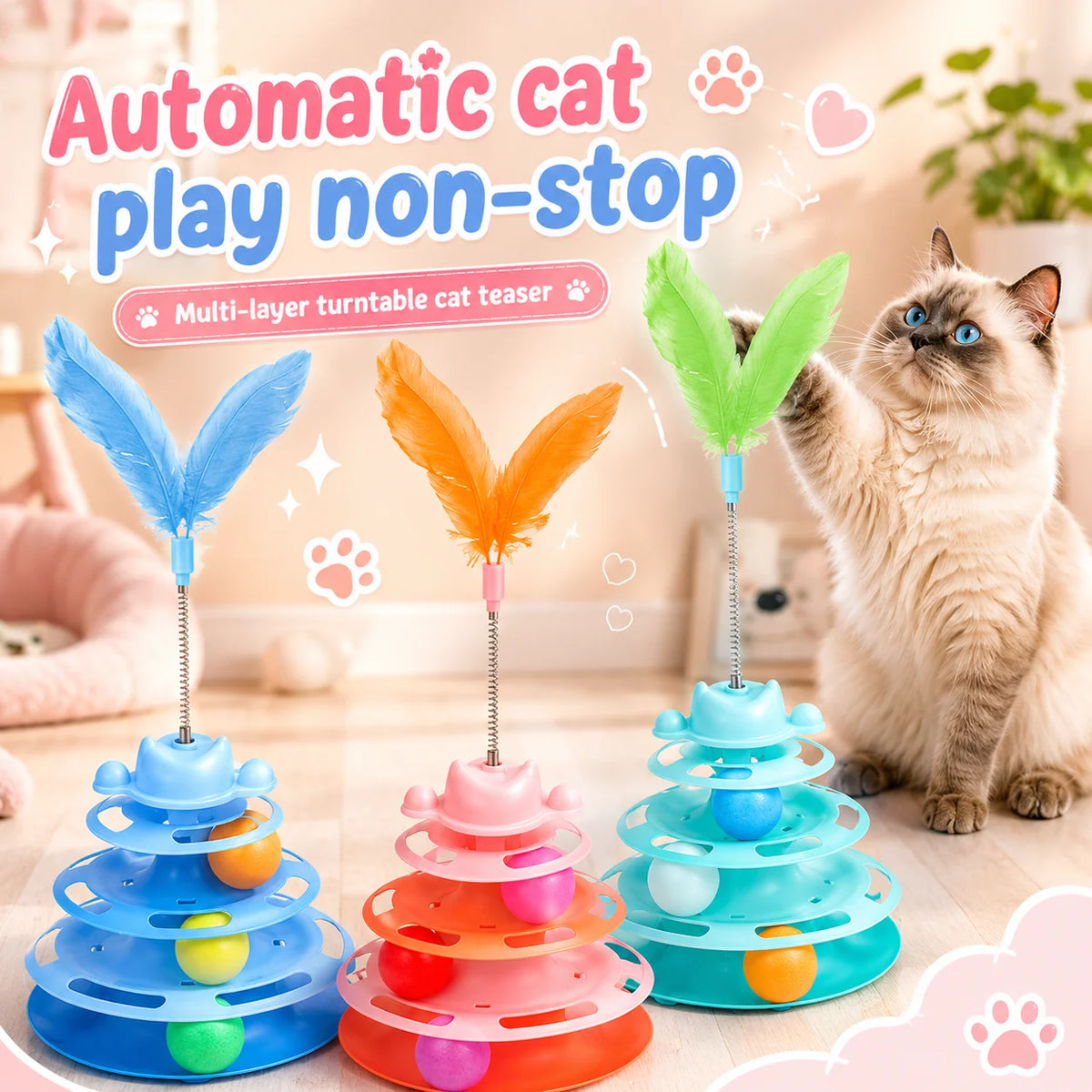 Cute 4 Layer Cat Track Toy Interactive Roller Turntable Ball With Moving Feather Wand For Kitten Fun Pet Accessories