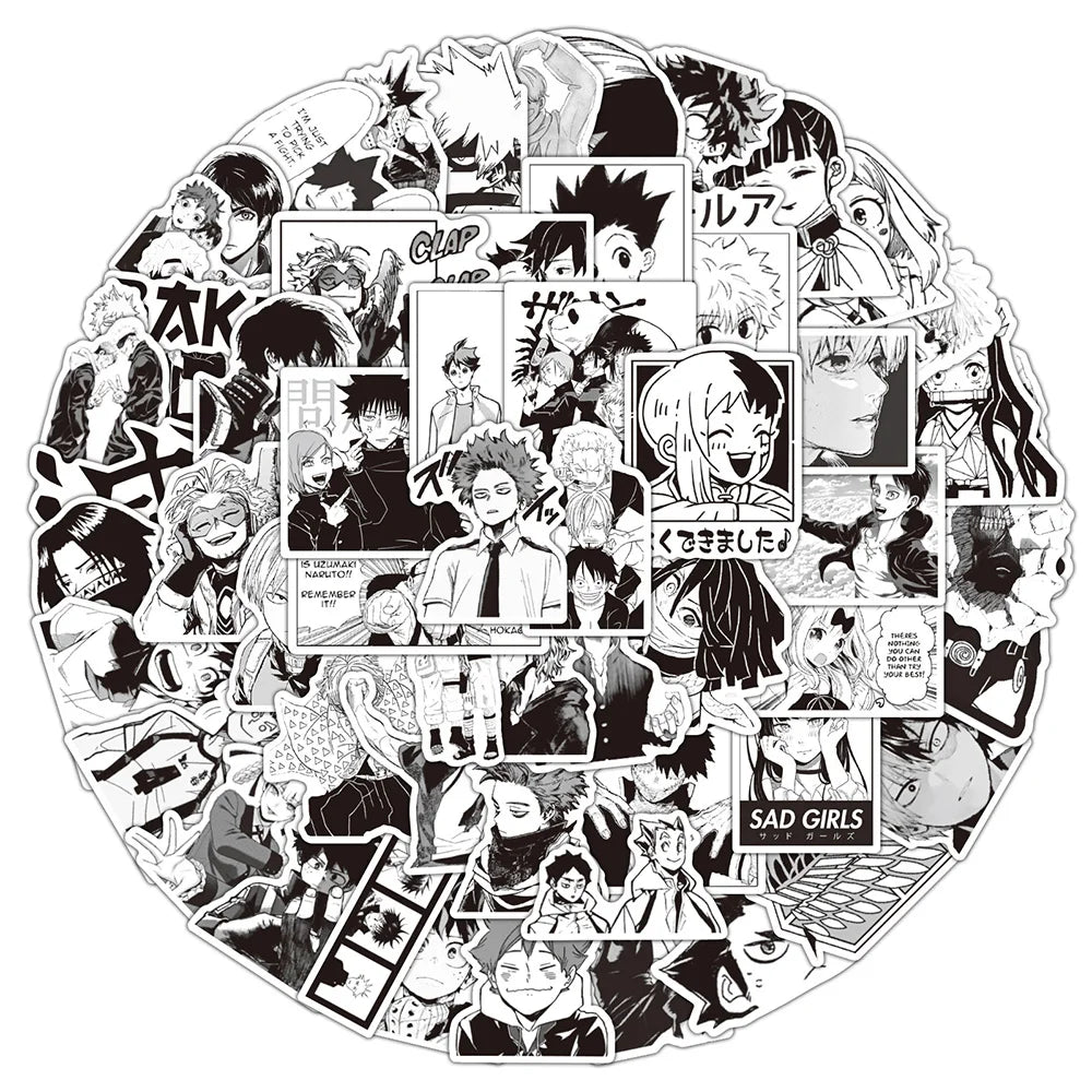 10/30/50/100PCS Mix Black White Anime Stickers Decoration Suitcase Scrapbooking Laptop Phone Stationery Cool Manga Sticker Toys