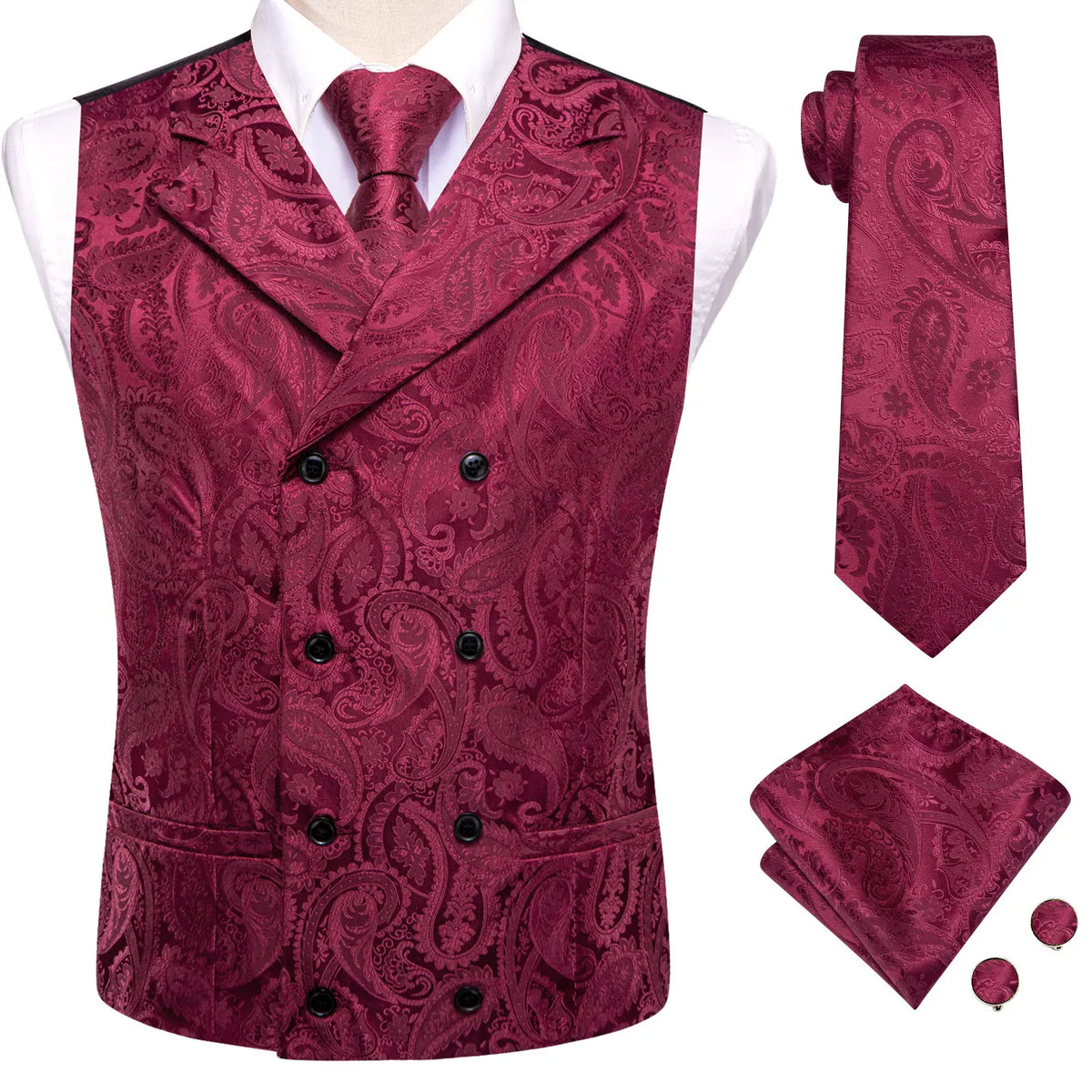 Formal Men V-Neck Waistcoat 4-in-1 Set Vest Tie Pocket Square Cufflinks Wedding Dress Accessory