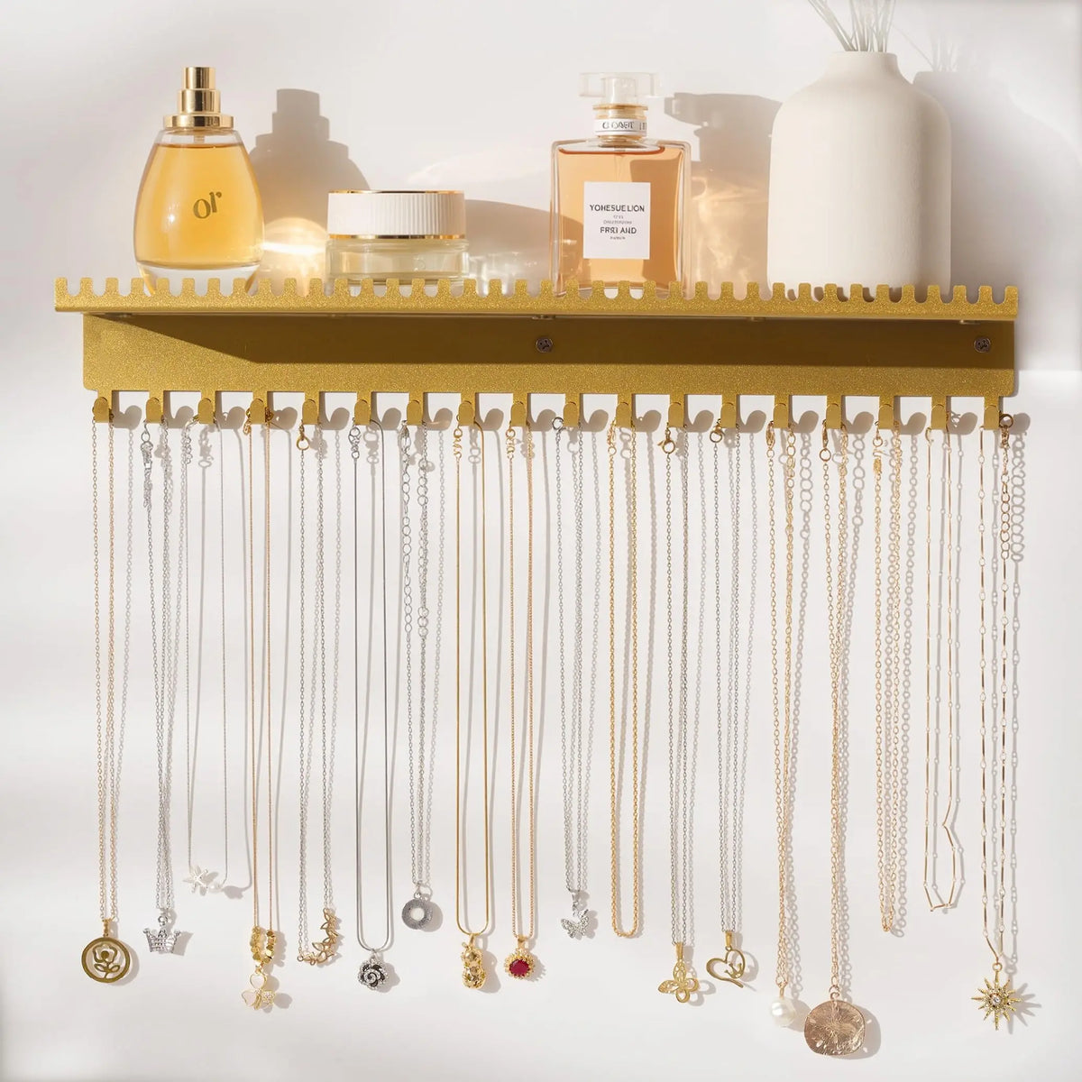 Necklace Holder Wall Hanging Organizer: Wall Mounted Jewelry Shelf with 56 Hooks and Tray, Display Hanger for Kids,