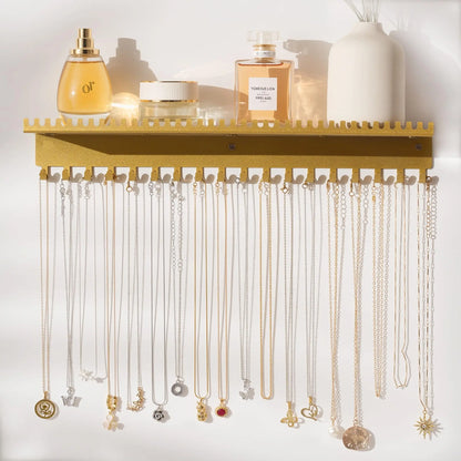 Necklace Holder Wall Hanging Organizer: Wall Mounted Jewelry Shelf with 56 Hooks and Tray, Display Hanger for Kids,