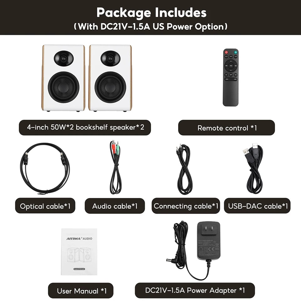 AIYIMA S600 Bluetooth Bookshelf Speaker Active Home Audio 40WX2 HiFi Output Subwoofer White Wood ARC/USB/RCA Inputs 24bit 48Khz