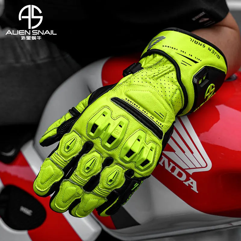 ALIEN SNAIL Motorcycle Racing Gloves Full‑Finger Protective Cowhide TPR Anti‑fall Riding Gloves for Men Women Motorcross Guantes
