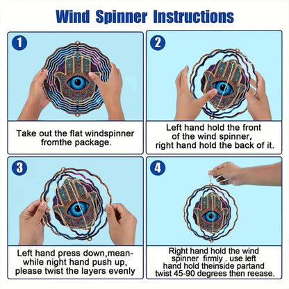 A Windmill Hanging Ornament with a Palm Eye Wind Chime Features a Rotating And Folding Design Made of Metal, Creating a Strong