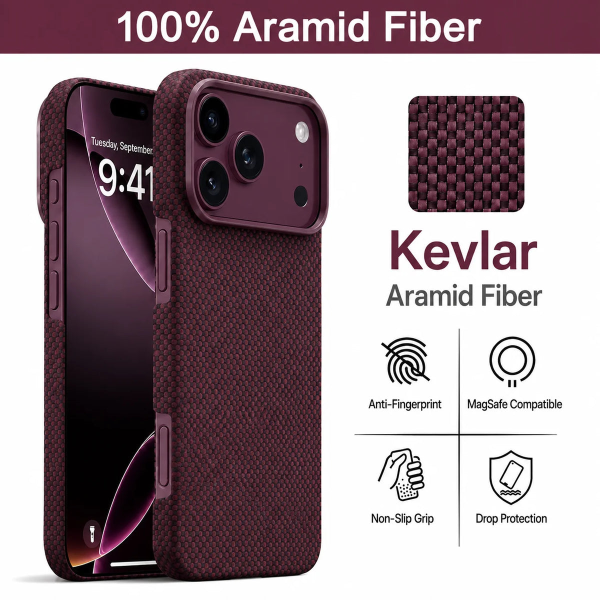 For iPhone 18 17 Pro Max Burgundy Kevlar Aramid Fiber Case With Magsafe Carbon Fiber Cover Ultra-Thin Magnetic Case For 18 Pro