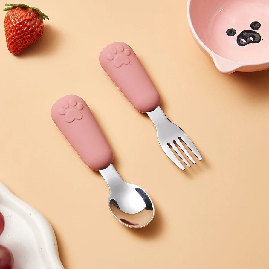 304 Stainless Steel Tableware Spoon Bears Paw Style Short Handled Fork Spoons, Learning to Eat, Small Auxiliary Training Spoons