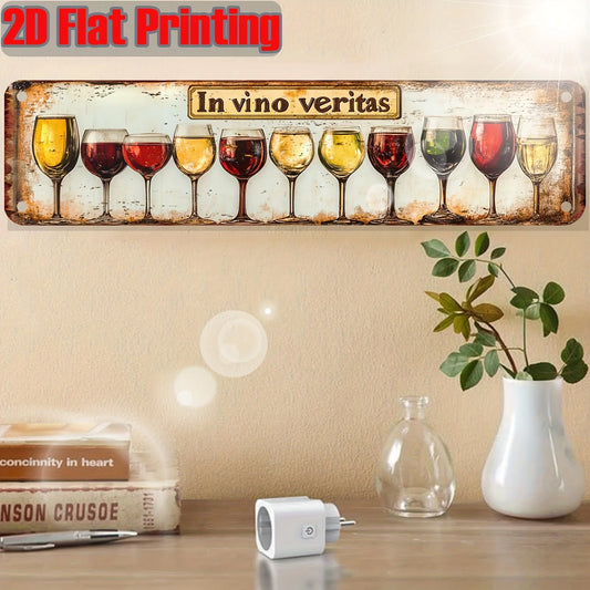 Vintage In Vino Veritas Metal Tin Sign, 2D Flat Printing Retro Wine Glasses Wall Decor Plaque, Classic Bar Pub Kitchen Art Poste