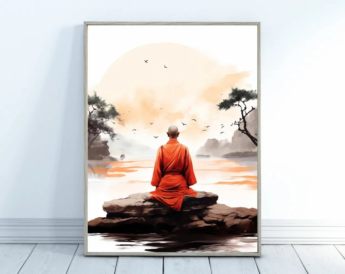 Japanese Zen Lotus Buddha Monk Koi Fish Forest Mountain Poster and Prints Canvas Printing Wall Art Picture for Living Room Decor