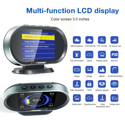 2026 KONNWEI KW206 Car OBD2 HUD Digital Instrument Computer Intelligent OBD Speedometer Water Temperature Fuel Pressure Tester
