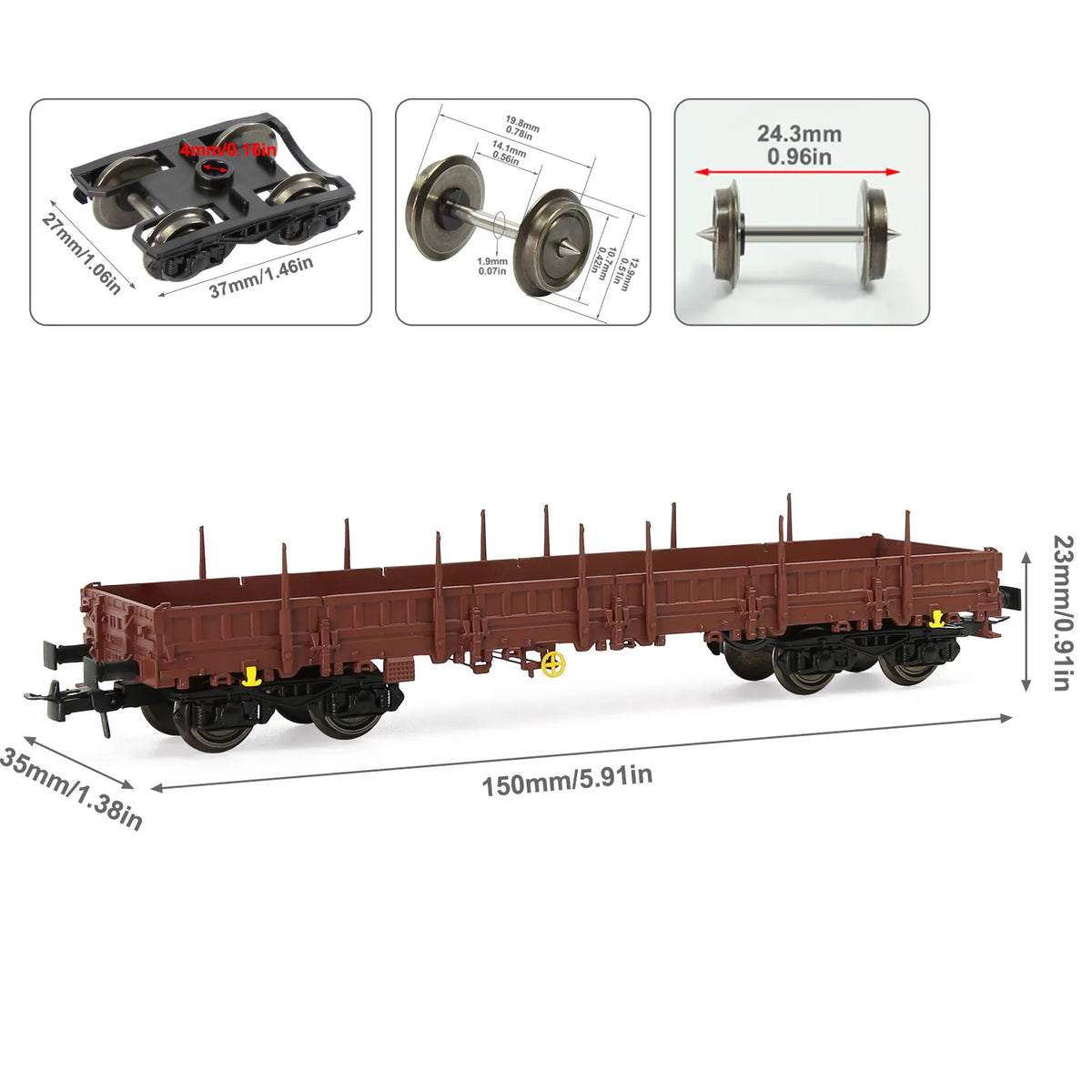 1 Unit Evemodel Trains - Painted Brown HO Scale 40' Low-side Car Model Wagon with Metal Wheels C8764