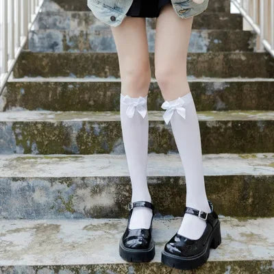Opaque Bow Knee High Socks New Women Black White Sexy Thigh High Stockings over Knee Long Tights for Girls Ladies