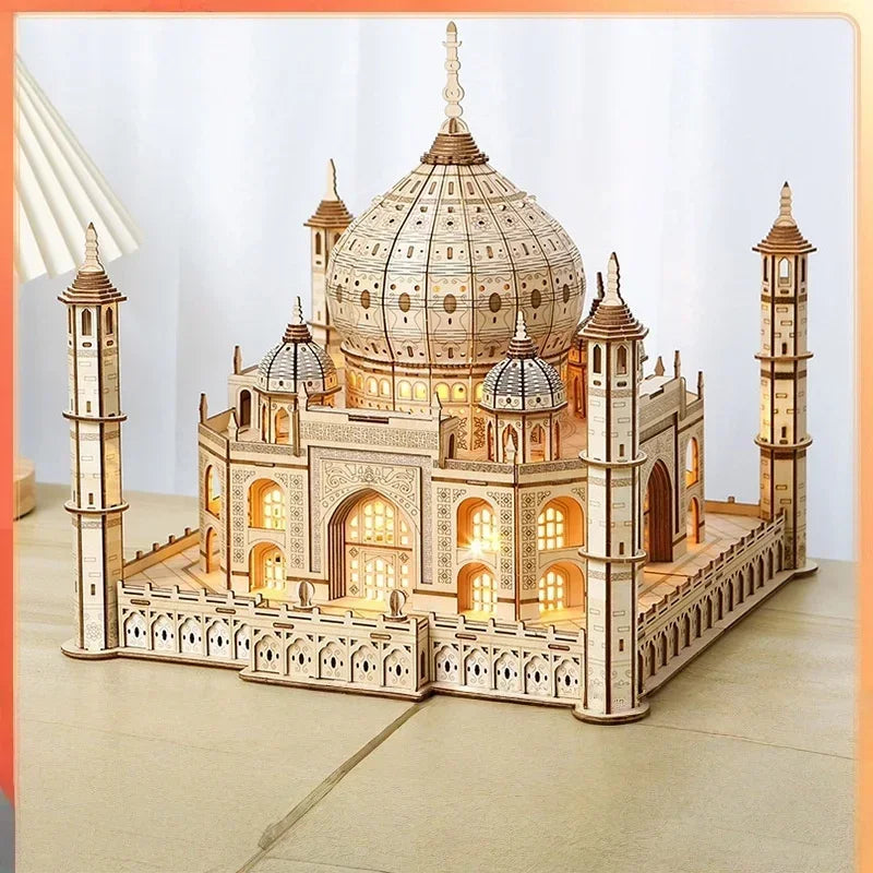 3D Wooden Puzzle House Royal Castle Taj Mahal With Light Assembly Toy For Kids Adult DIY Model Kits Desk Decoration for Gifts