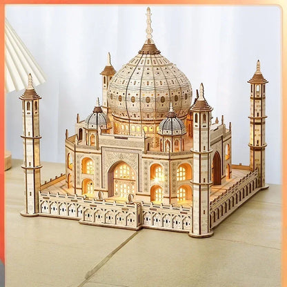 3D Wooden Puzzle House Royal Castle Taj Mahal With Light Assembly Toy For Kids Adult DIY Model Kits Desk Decoration for Gifts
