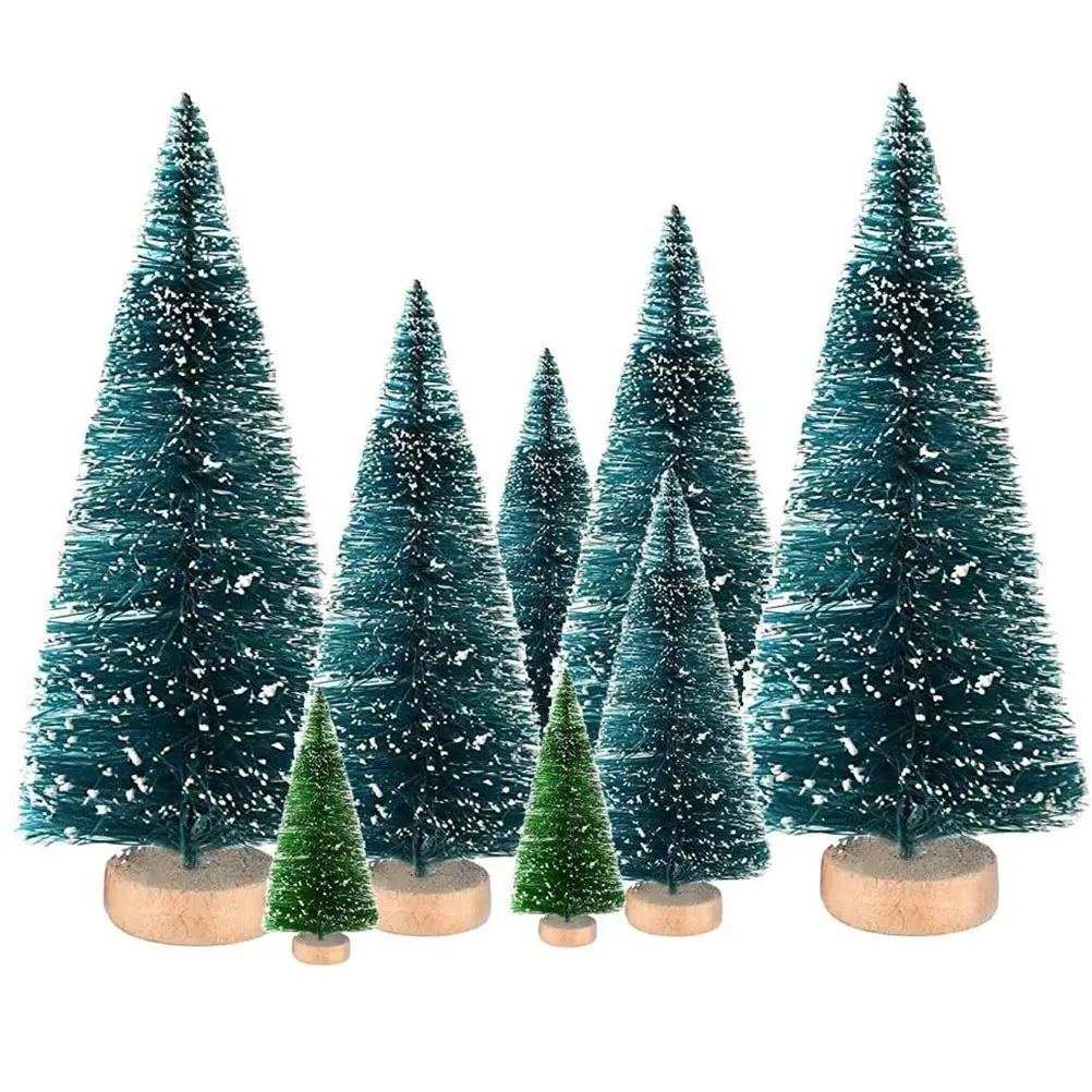 8PCS Mini Christmas Pine Tree Decorations with Wooden Base Sisal Silk Bottle Brush Trees For Xmas Party Happy New Year