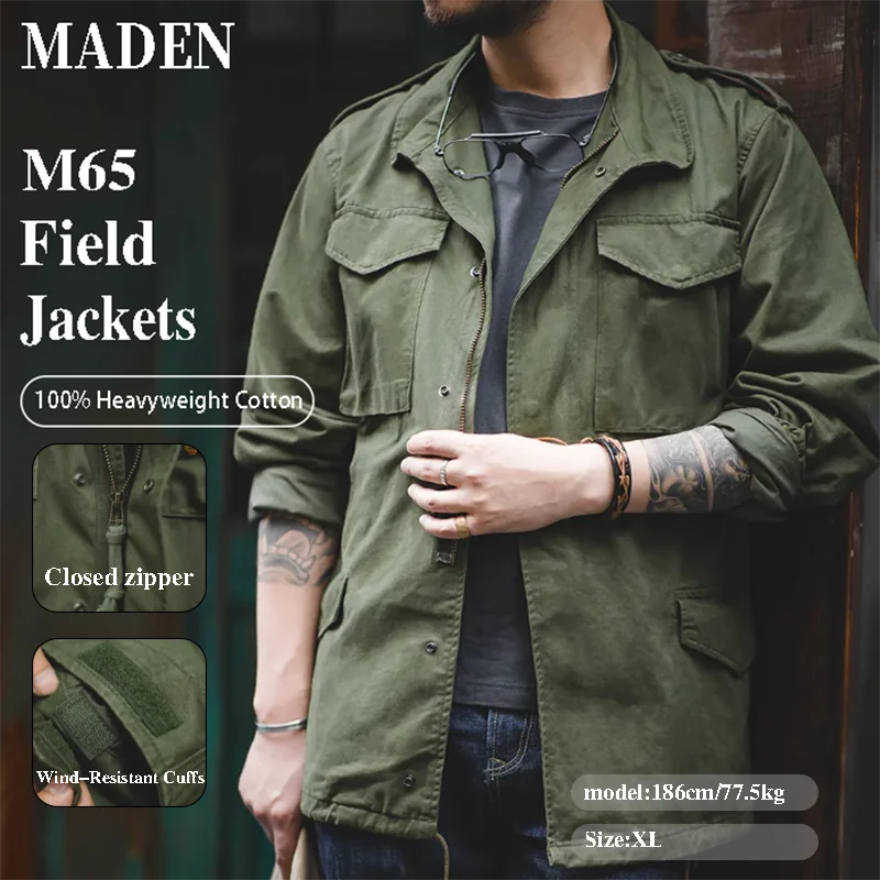 Maden Military M65 Field Jackets For Men's Green Vintage Army Jacket Casual Windbreaker Solid Lapel Collar with Pockets Overcoat