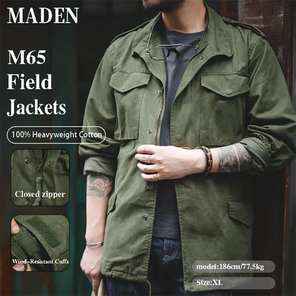 Maden Military M65 Field Jackets For Men's Green Vintage Army Jacket Casual Windbreaker Solid Lapel Collar with Pockets Overcoat