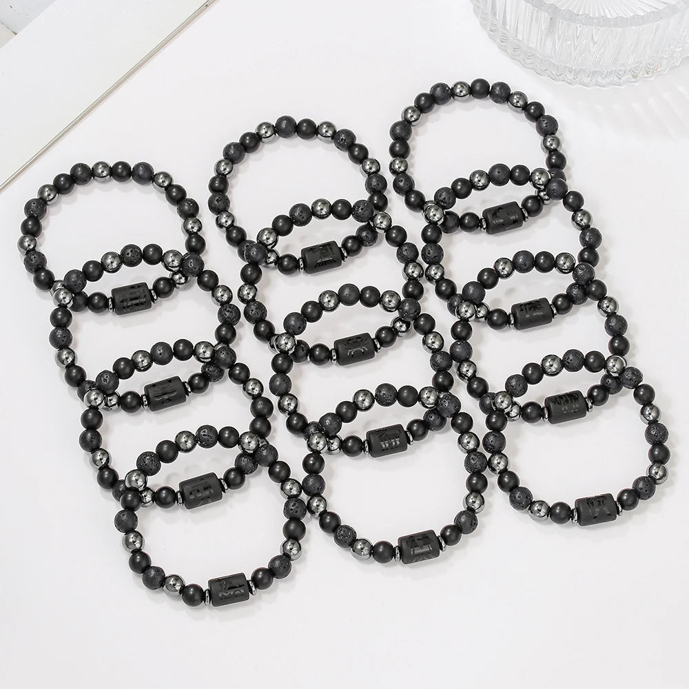 New Arrival 12 Zodiac Energy Bracelet Natural Volcanic Stone Black Retro Handmade Couple Beaded Jewelry