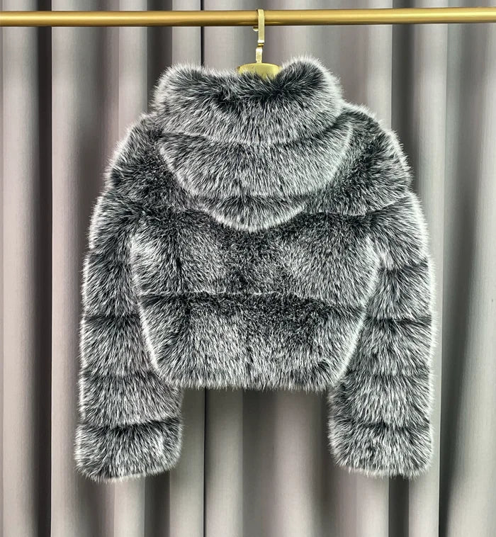 Winter Warm Ladies Fake Fox Fur Jacket Short Fashion Hooded Artificial Fox Fur Coat High Quality Women's Cropped Fur Coat Black