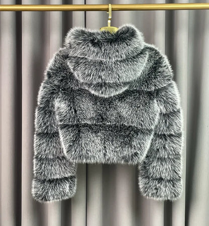 Winter Warm Ladies Fake Fox Fur Jacket Short Fashion Hooded Artificial Fox Fur Coat High Quality Women's Cropped Fur Coat Black