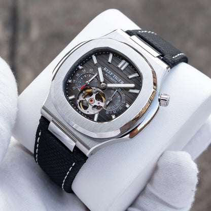 OBLVLO Men Automatic Watch Luxury 44mm Mechanical Wristwatch 50m Waterproof Sapphire Luminous Skeleton Dial 24 Hours
