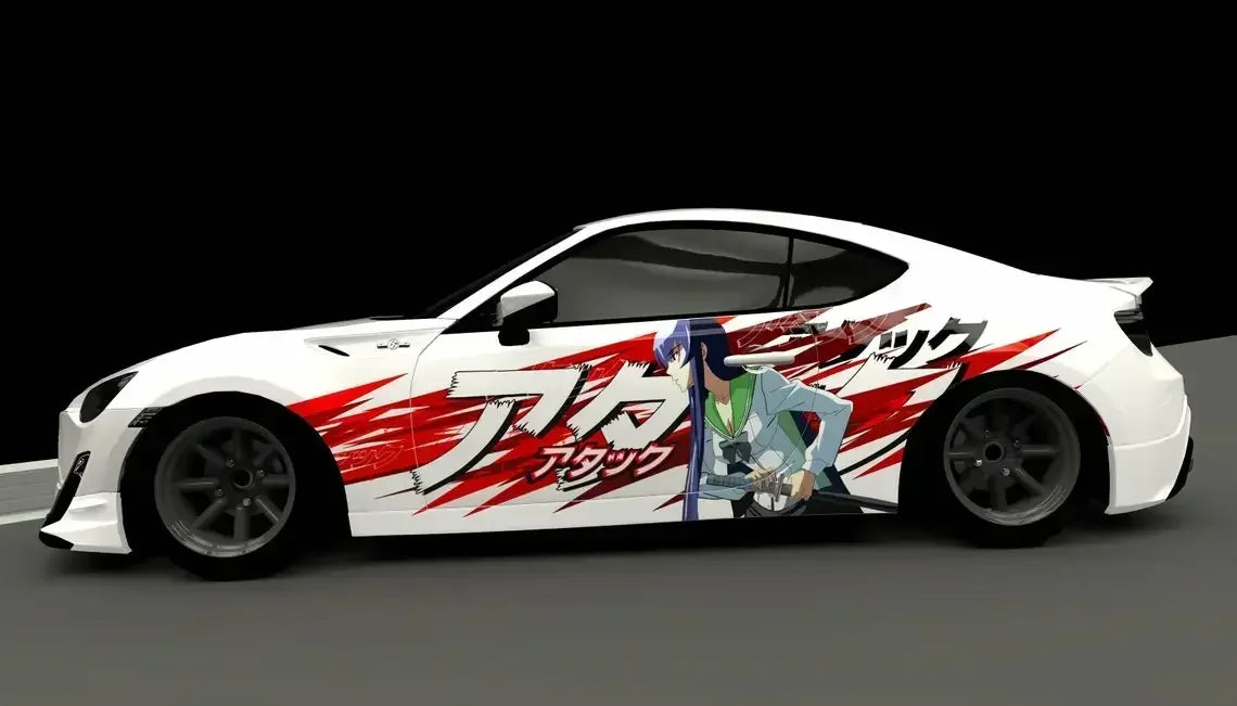 Anime girl car stickers on a white vehicle with red graphics and a character design.