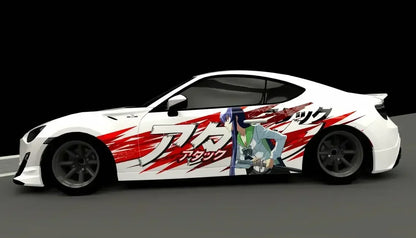 Anime girl car stickers on a white vehicle with red graphics and a character design.