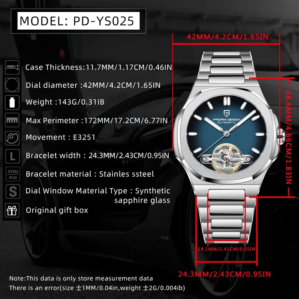 PAGANI DESIGN New Mechanical Hollow-Out Tourbillon Men Watch Sport Elegant Sapphire Waterproof Watch Japan Movt 316L Steel Clock