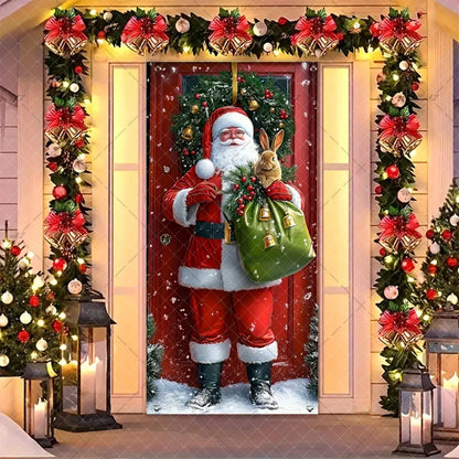 Christmas Humorous Santa Claus And Elk Door Banner Party Decorations Indoor Outdoor Veranda Door Cover Supplies Festive Gifts