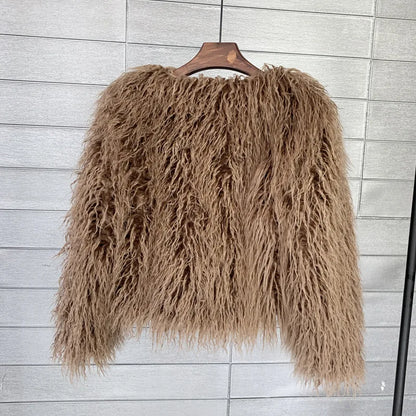 Women's Fur Coat Colorful Furry Pink Lamb Wool Faux Fur Coat Female Shaggy Sheepskin Coat Winter Artificial Fur Jacket