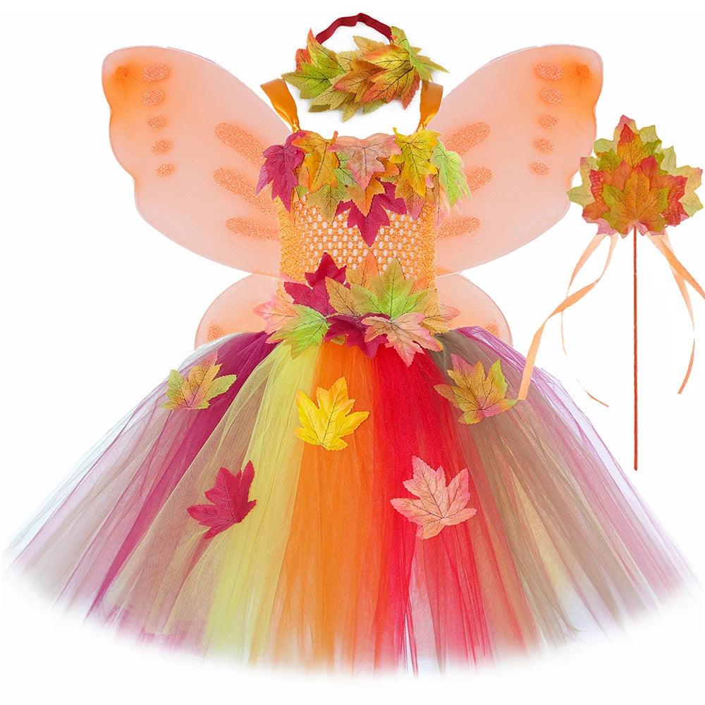 Kids Fairy Costume for Girls Maple Leaves Fall Autumn Woodland Fairy Tutu Dress Girl Halloween Thanksgiving Tulle Princess Dress