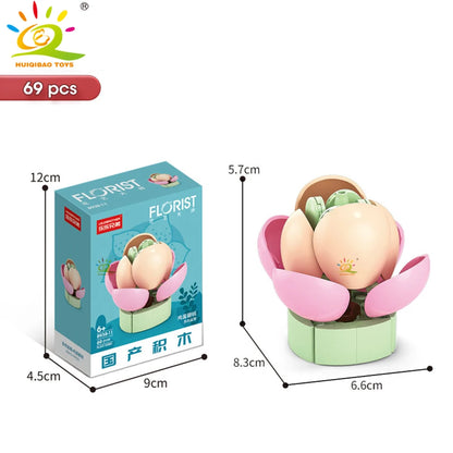 HUIQIBAO MOC Flower Succulent Potted Model Building Block DIY Eternal Bouquet Home Desk Plant Decor Brick Girl Gift Children Toy