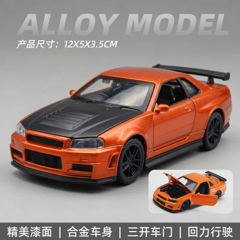 1:36 MX-5 MX5  RX7 R34 Series alloy car model with openable door convertible sports car boy pull-back toys as gifts as ornaments