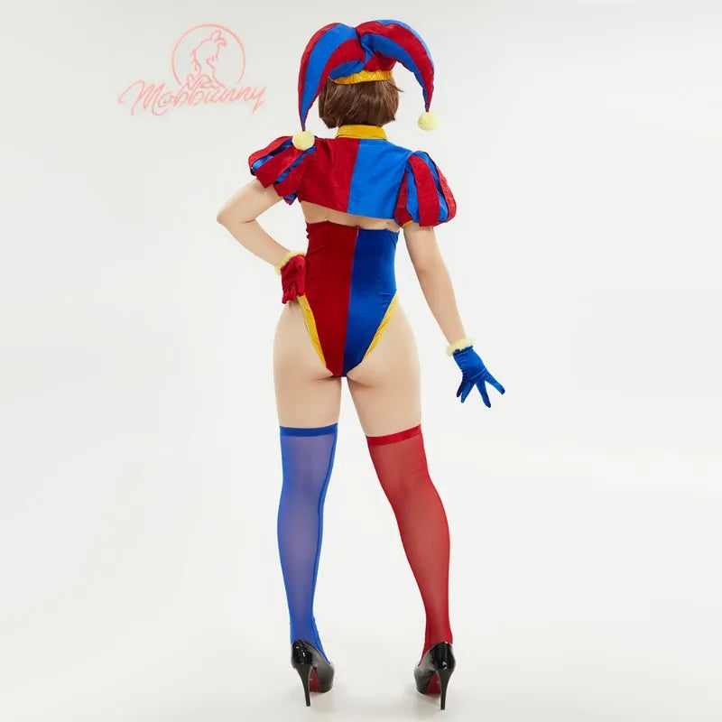 MOBBUNNY Halloween Clown Cosplay Costume Women's Lingerie Set Blue Red Bodysuit and Mini Skirt with Gloves and Hat
