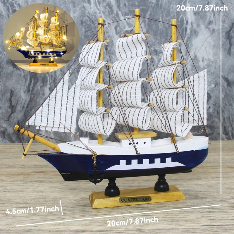 Creative Wooden LED Sailboat Sailing Boat Vessel Model Home Decor Mediterranean Style Home Decoration Decor Accessories Gift