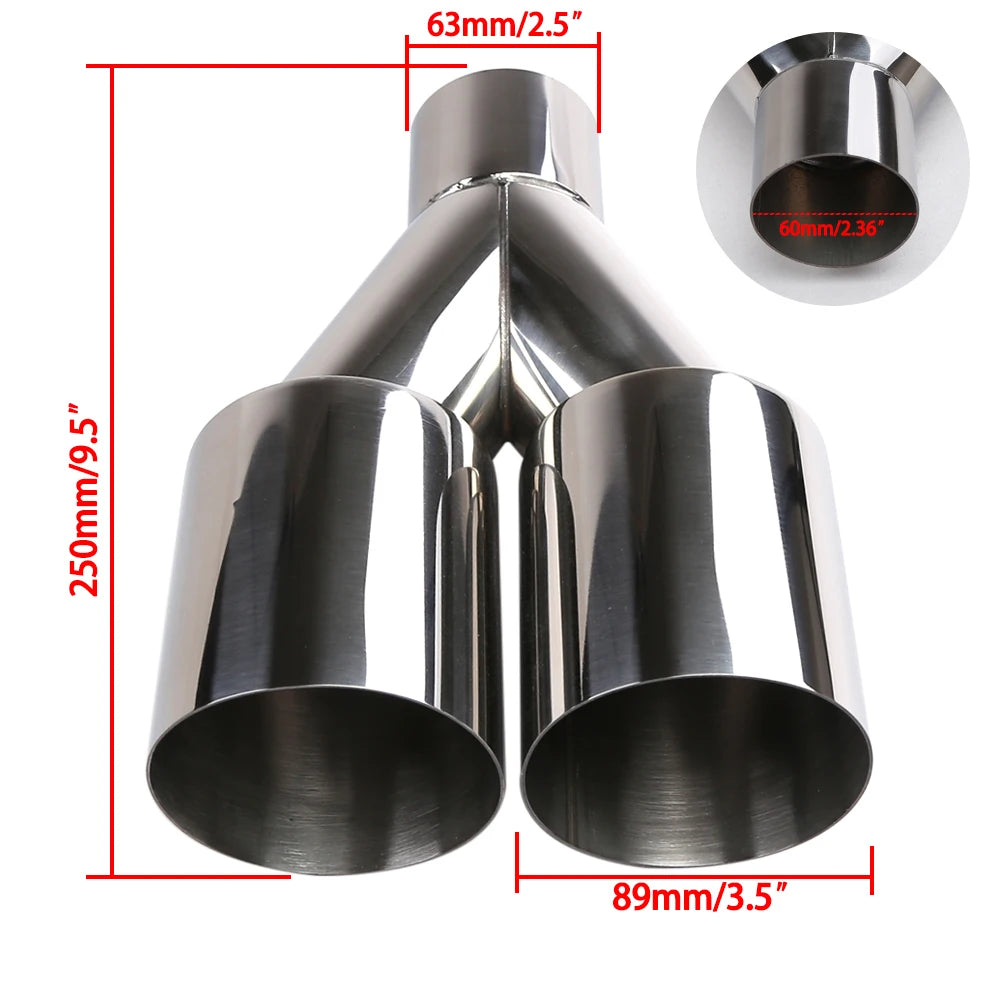 Car  Stainless Steel Muffler Tip Y Shape Double Exit Exhaust Pipe Mufflers Universal Fits exhaust pipes with a diameter of 63mm